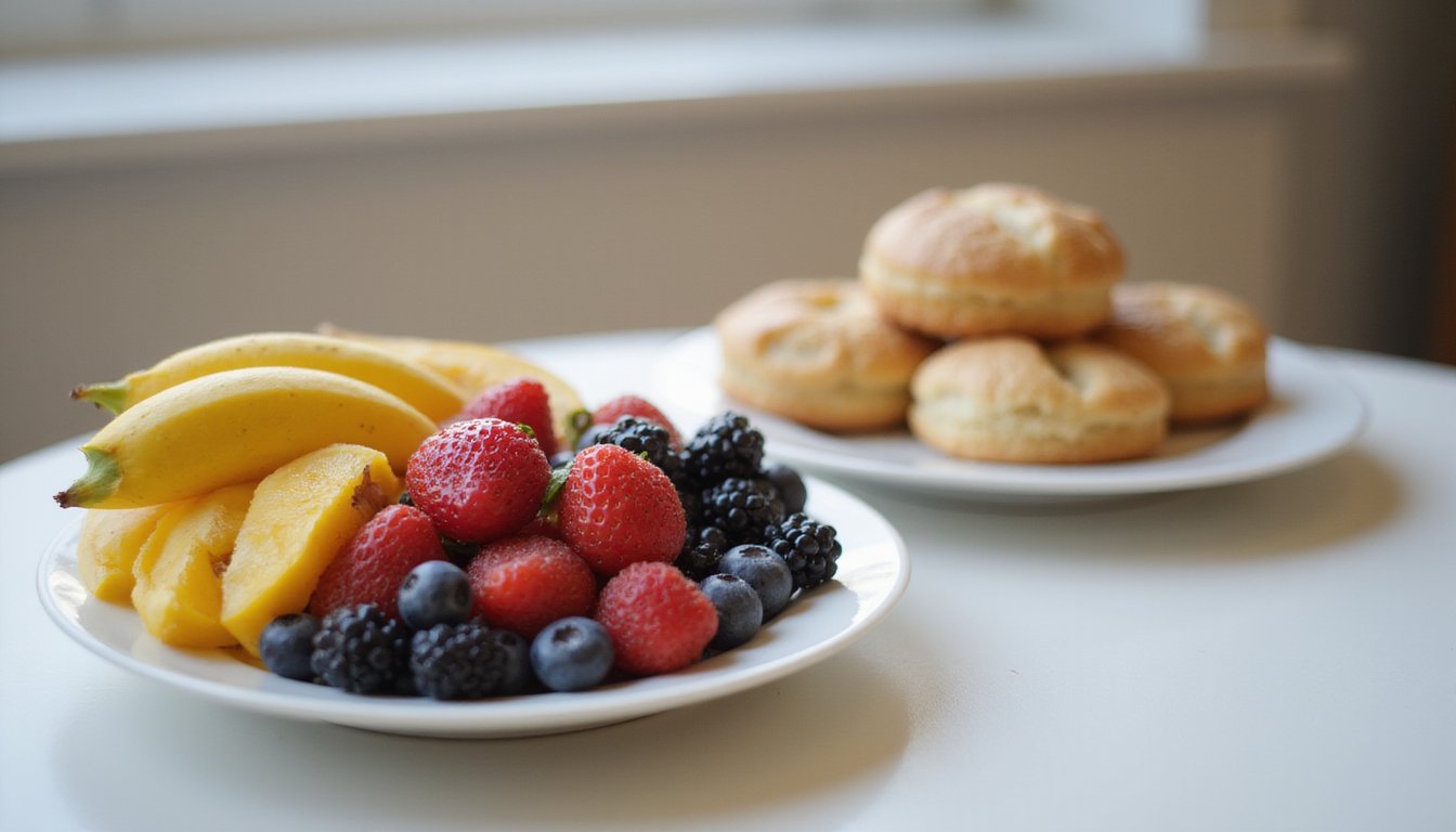 A clean tabletop with two plates side by side: one filled with fresh fruit in sharp focus, the other with pastries slightly blurred. Natural daylight highlighting textures.