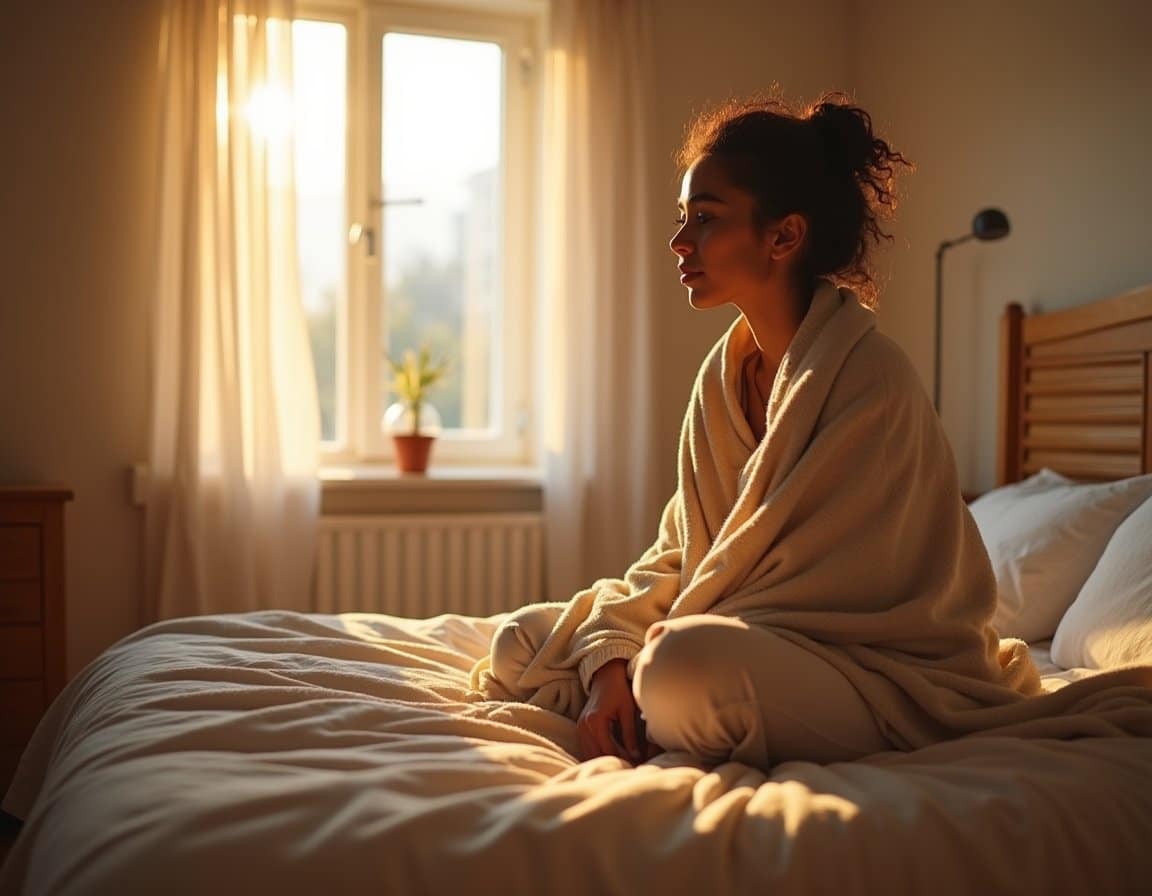 Warm, home-like detox room with gentle daylight as an adult rests on the bed under a soft blanket.