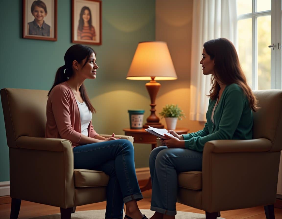 Supportive conversation in a warm, residential counseling space with an adult seated across from a counselor.
