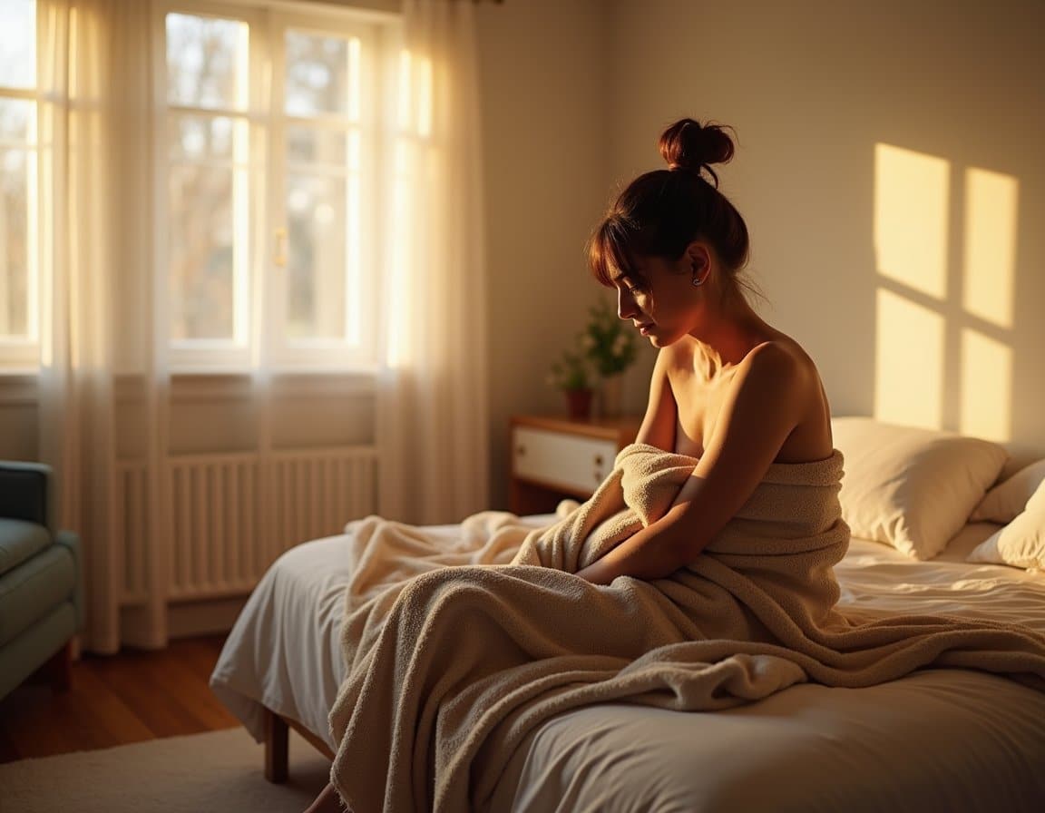 Cozy detox bedroom with warm sunlight and simple décor, adult seated on the bed wrapped in a soft blanket.