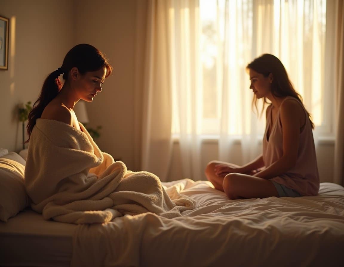 Adult sits on the edge of a bed wrapped in a soft blanket in a calm residential detox bedroom with warm morning light.