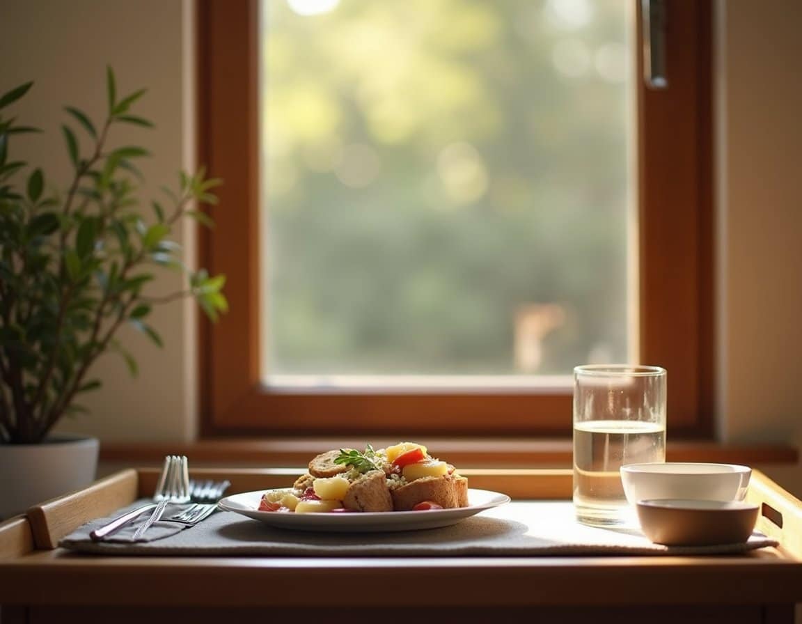 Cozy inpatient facility dining space with a meal tray of soup and toast beside a clear glass of water.
