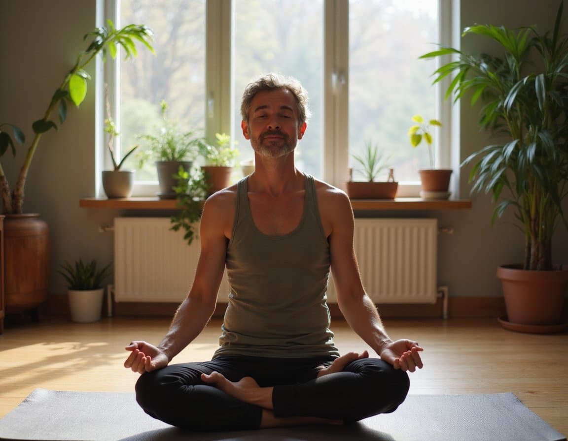 Warm natural light in a residential room as an adult practices a simple breathing exercise on a yoga mat with calm posture.