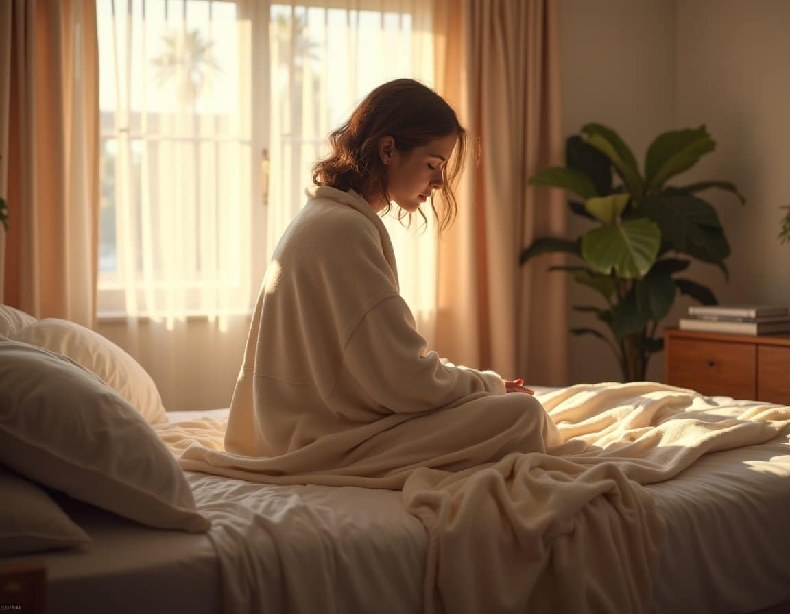 Cozy detox bedroom in morning sunlight with an adult seated on the bed, bundled in a blanket and looking hopeful.