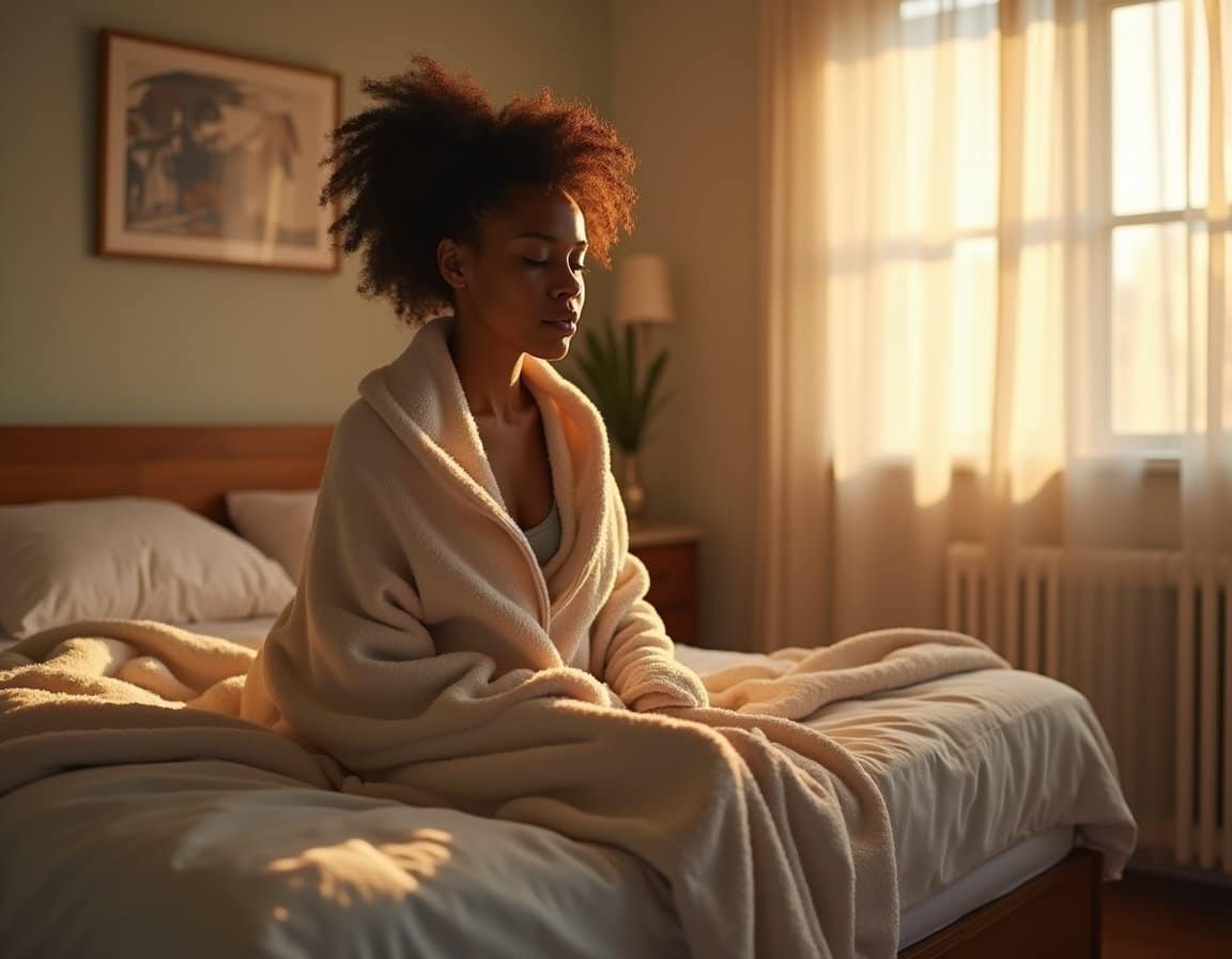 Gentle morning light in a residential detox bedroom as an adult sits on the bed wrapped in a blanket, looking reassured.