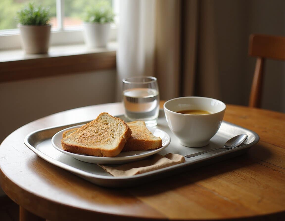 Tray of soup, toast, and water placed in a calm inpatient facility dining nook with a cozy mood.