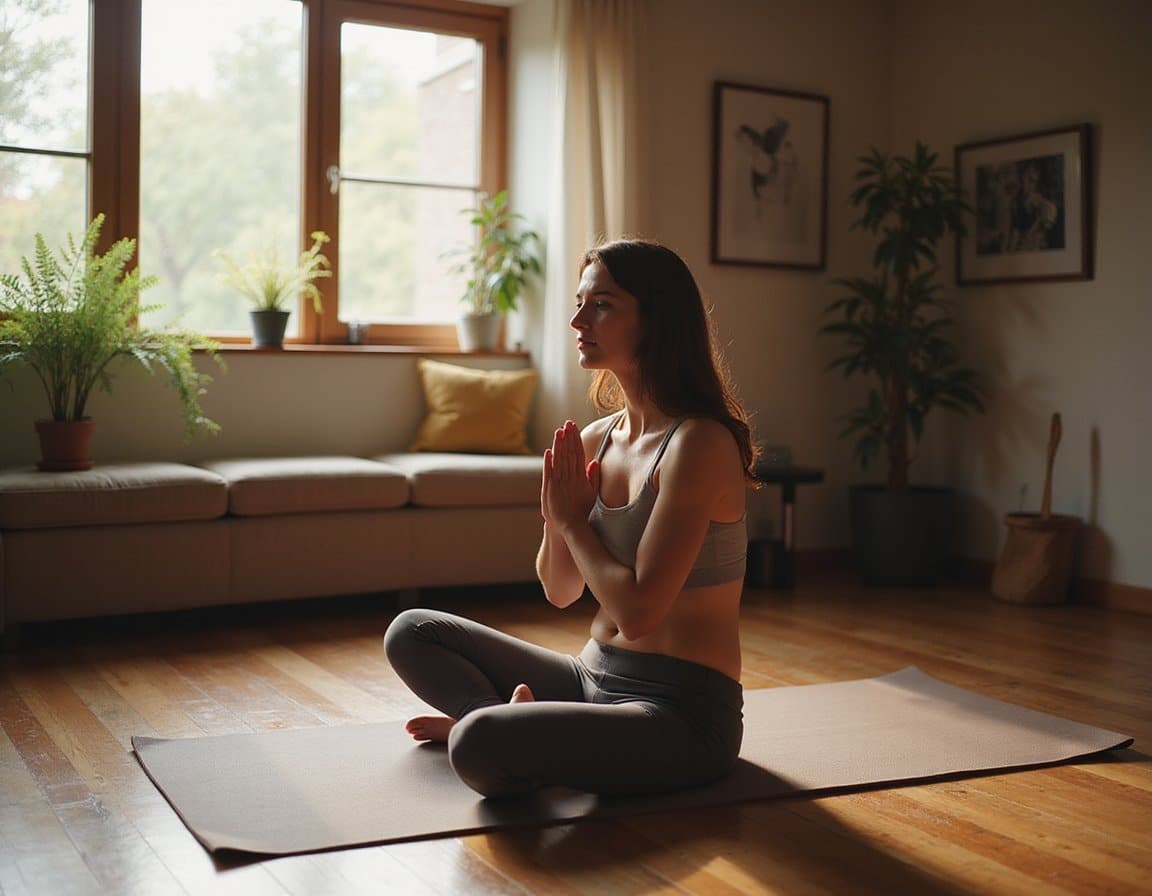 Adult practices mindful breathing on a yoga mat in a warm, cozy residential space with soft daylight.