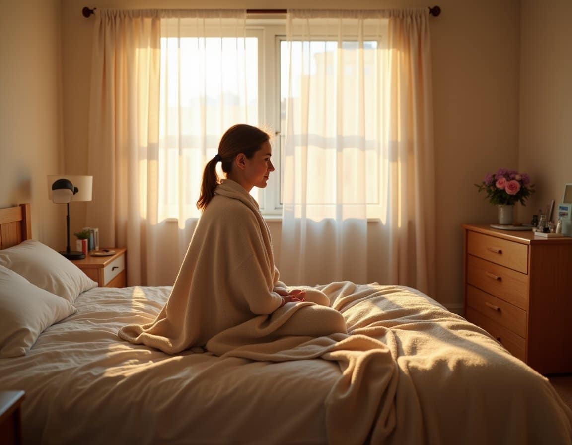Hopeful detox recovery moment with an adult seated on the bed, blanket around their shoulders, sunlight streaming in.