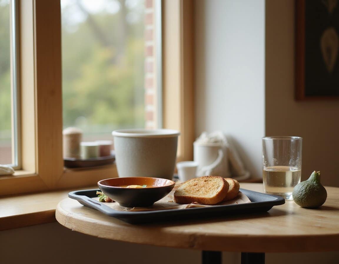 Simple meal tray with toast, soup, and a glass of water in an inpatient facility dining nook with warm daylight.