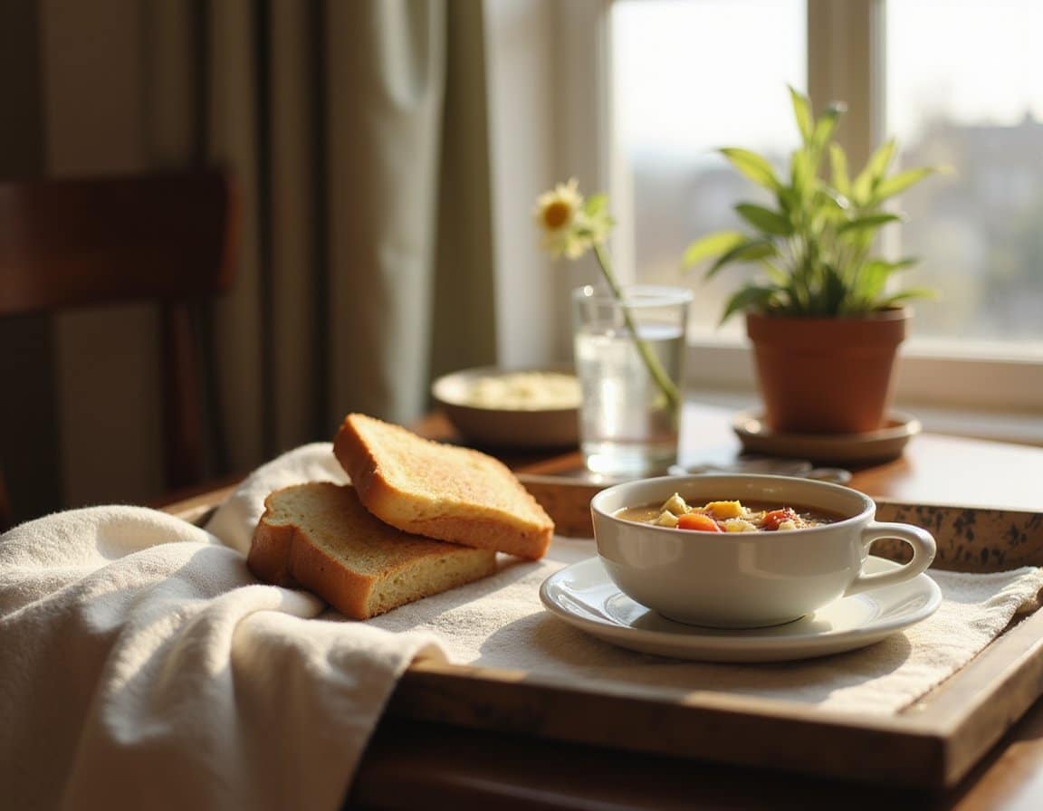 Sunlit inpatient facility dining nook with a simple meal tray, including soup, toast, and a glass of water.