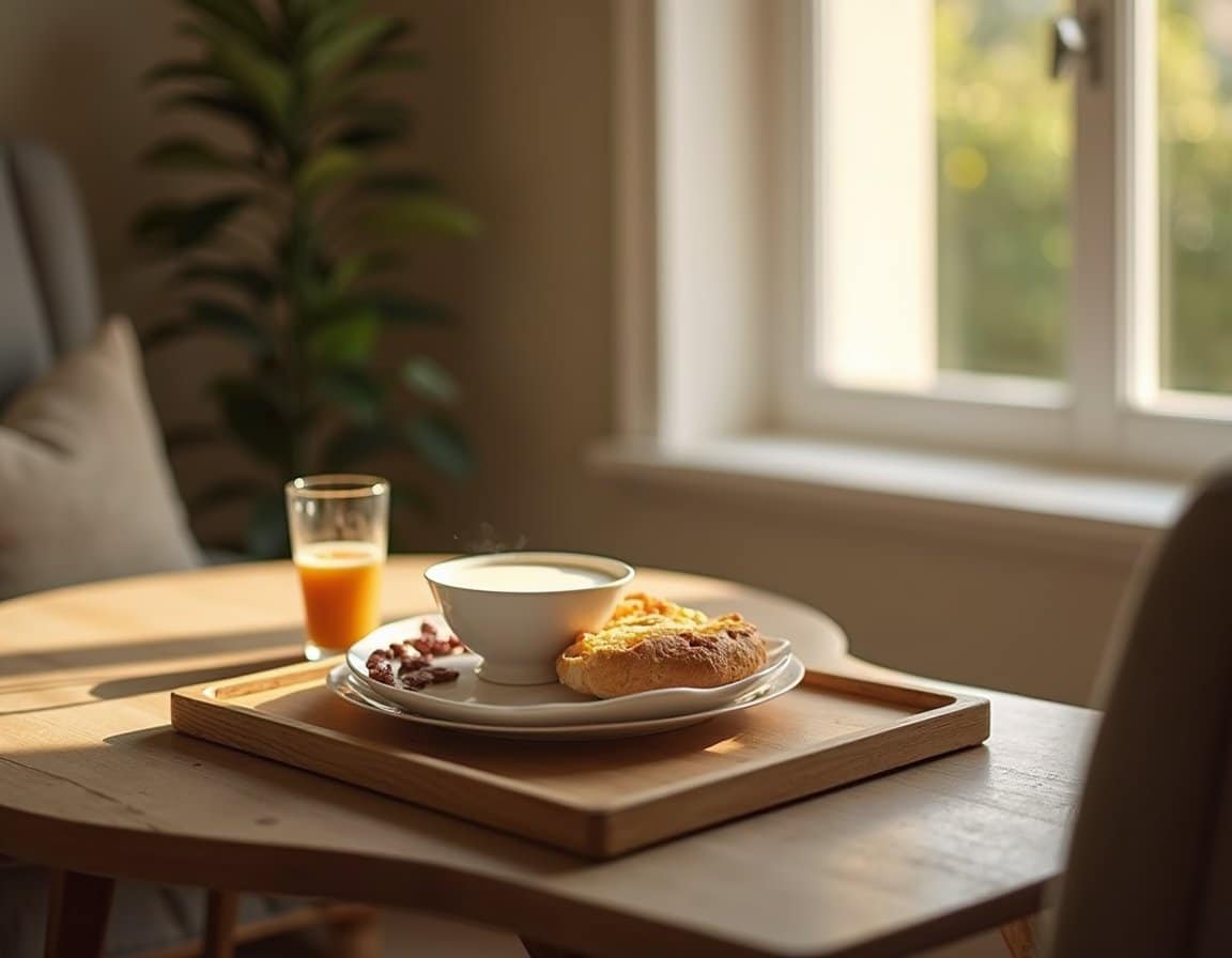 Tray holding a bowl of soup, toast, and water in a warm, home-like inpatient facility dining nook.