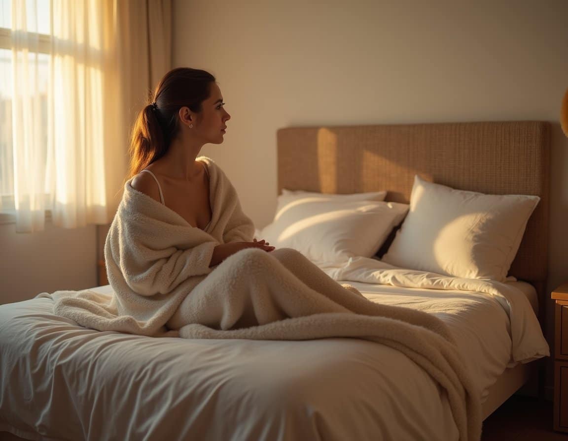 Peaceful residential detox room with warm sunlit tones, adult seated at the bed’s edge holding a soft blanket.