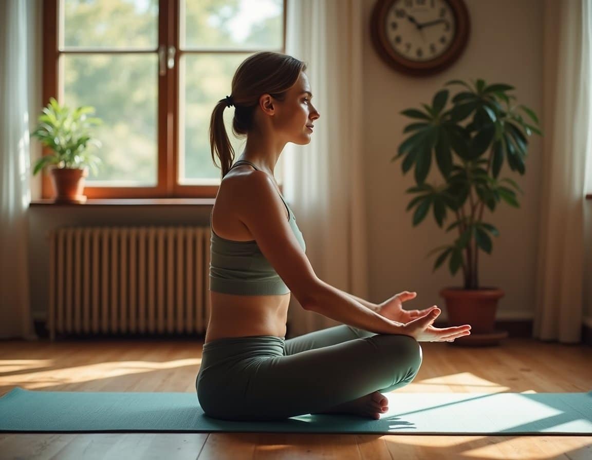 Adult sits calmly on a yoga mat in a cozy room, hands on knees, practicing grounding breathwork.
