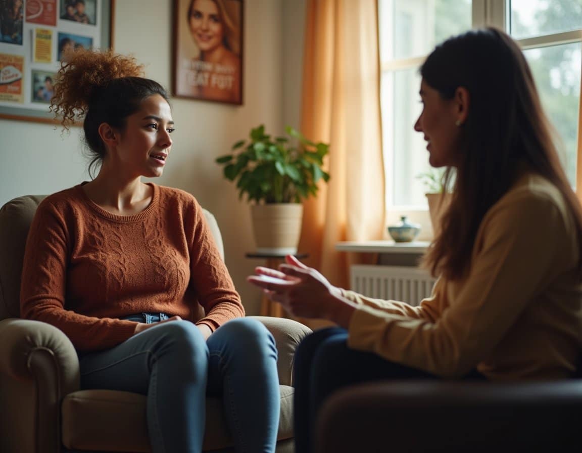 Adult talks with a counselor in a small counseling room with soft warm light and a calm, supportive mood.