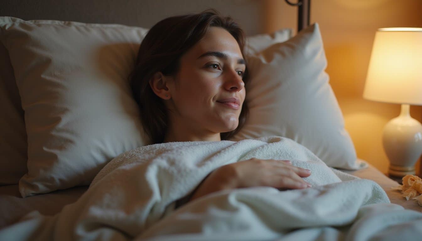 Close-up of a person in detox recovery lying in bed with warm lamp light and calm mood