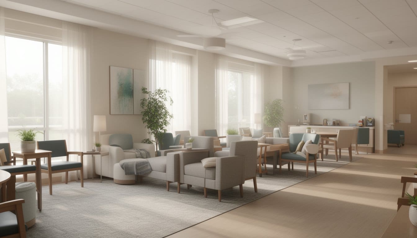 Wide interior shot of a residential addiction treatment common area in the morning,
