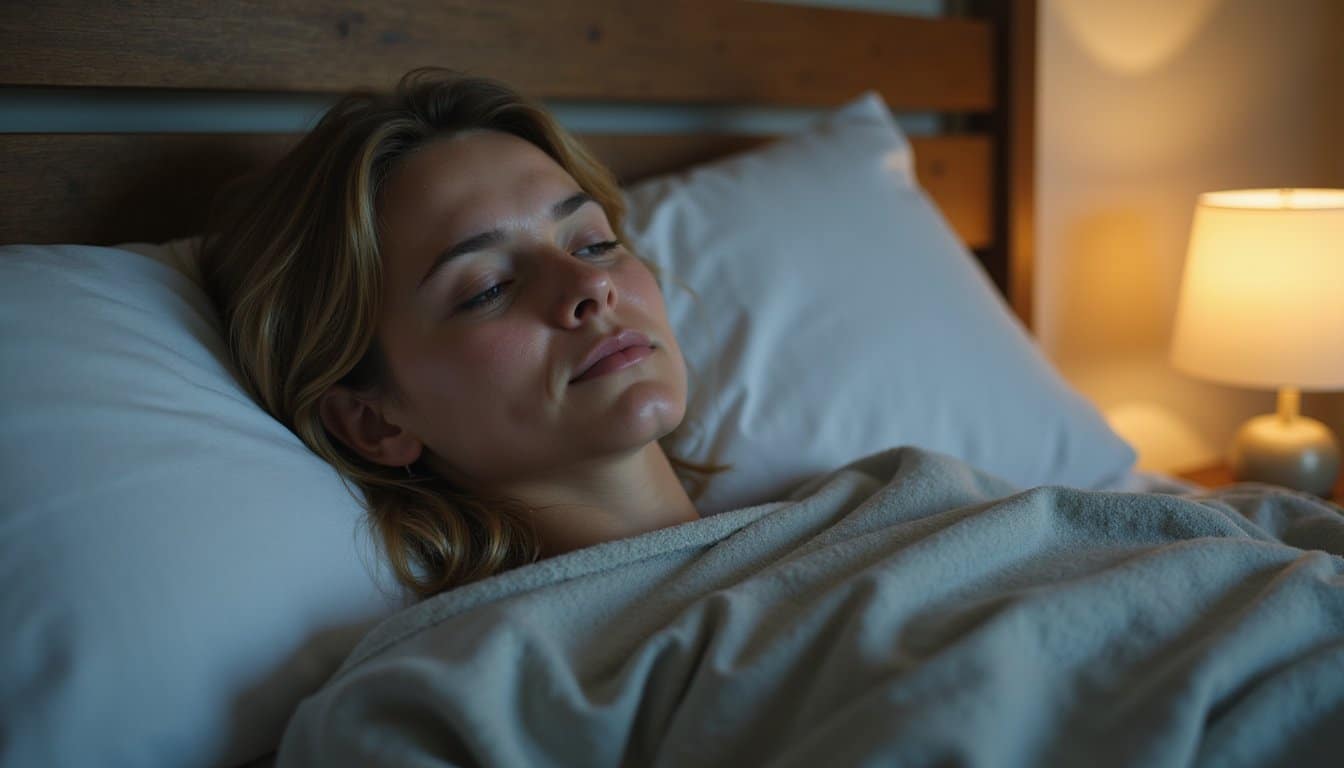 Tired but composed person resting in bed during detox with warm, cozy bedside lamp glow