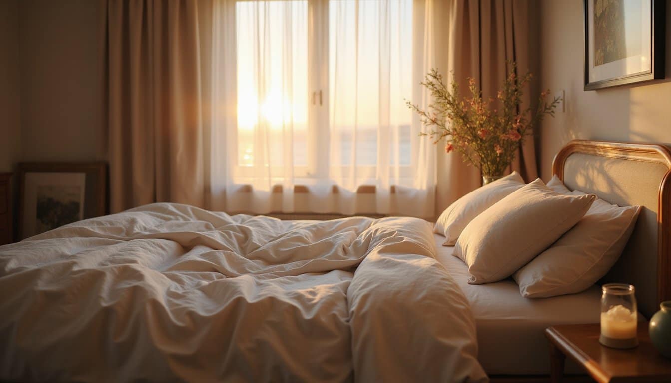 Detox bedroom interior with soothing tones and hopeful early morning light