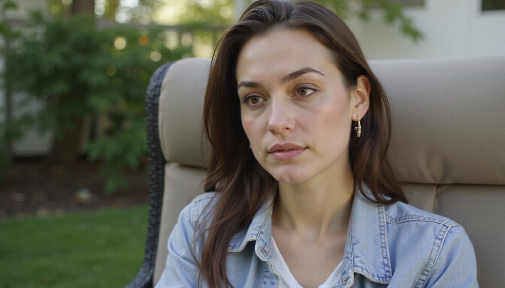 Adult woman sitting alone on a sofa, worried facial expression, eyebrows slightly furrowed,