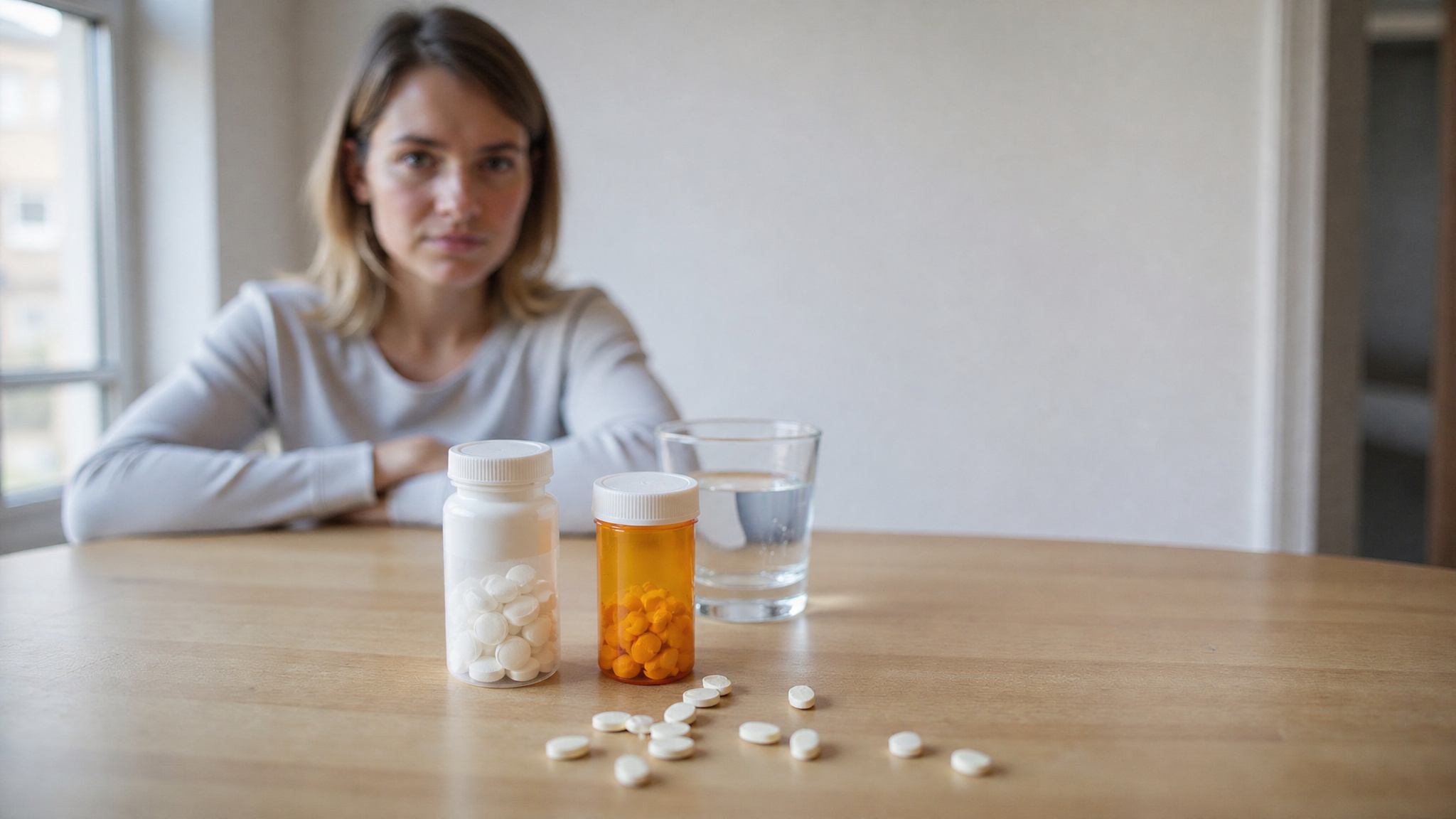 Woman looking at pill bottles and scattered medication on a kitchen table beside a glass of water.