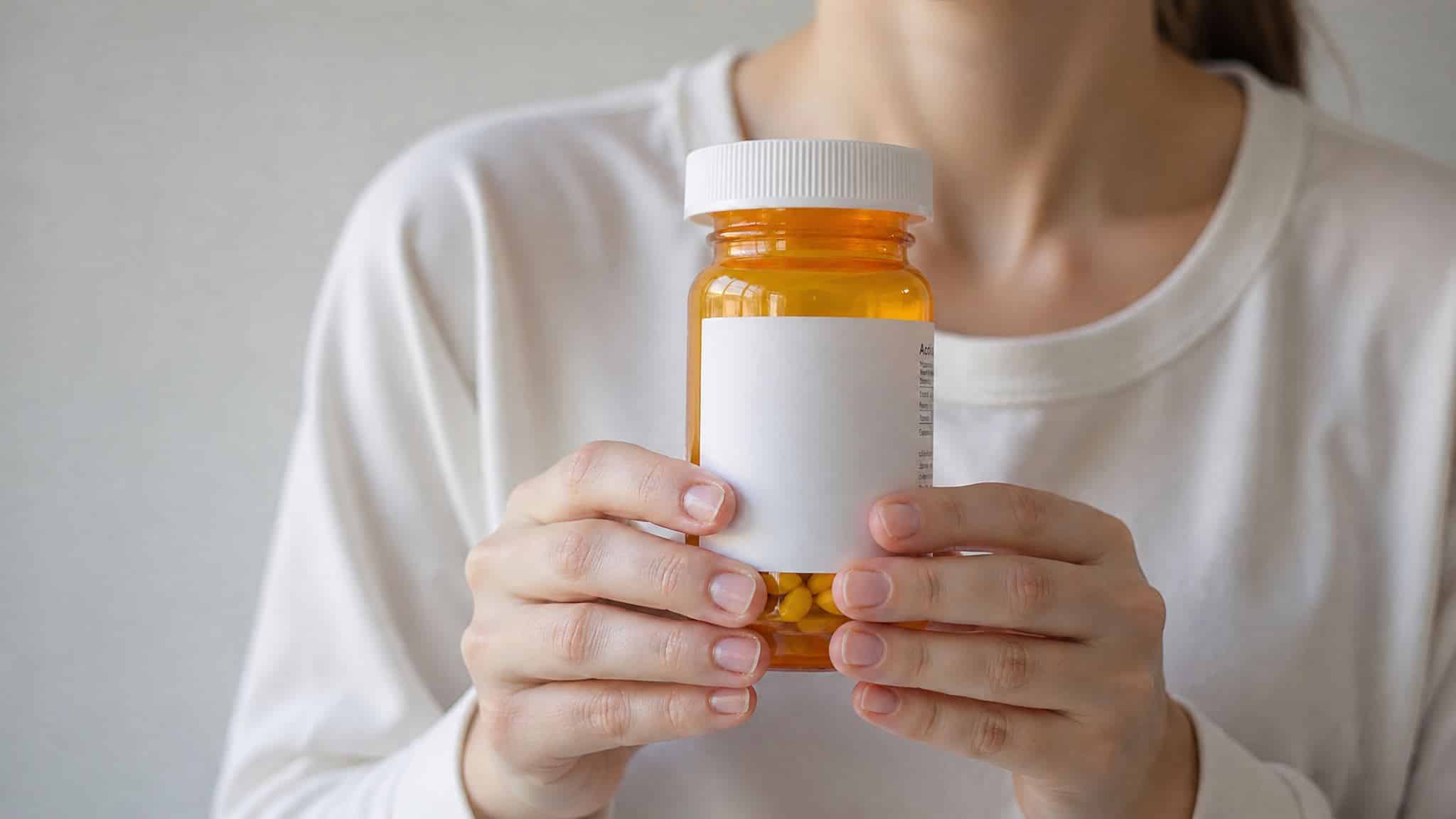 Woman holding a pill bottle while sitting in a living room.