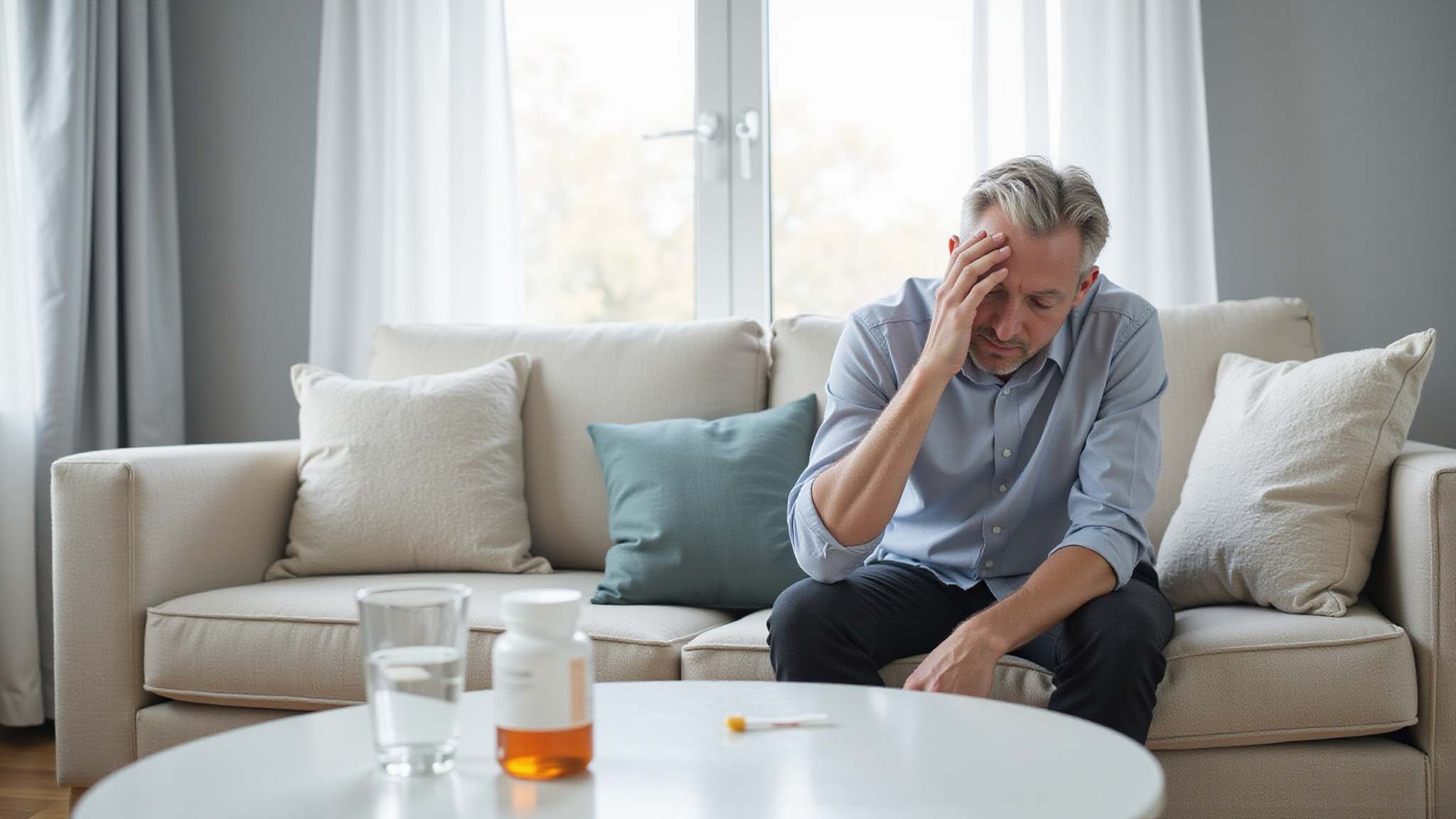 Tired man holding his head while sitting on a couch with pill bottles on the table.