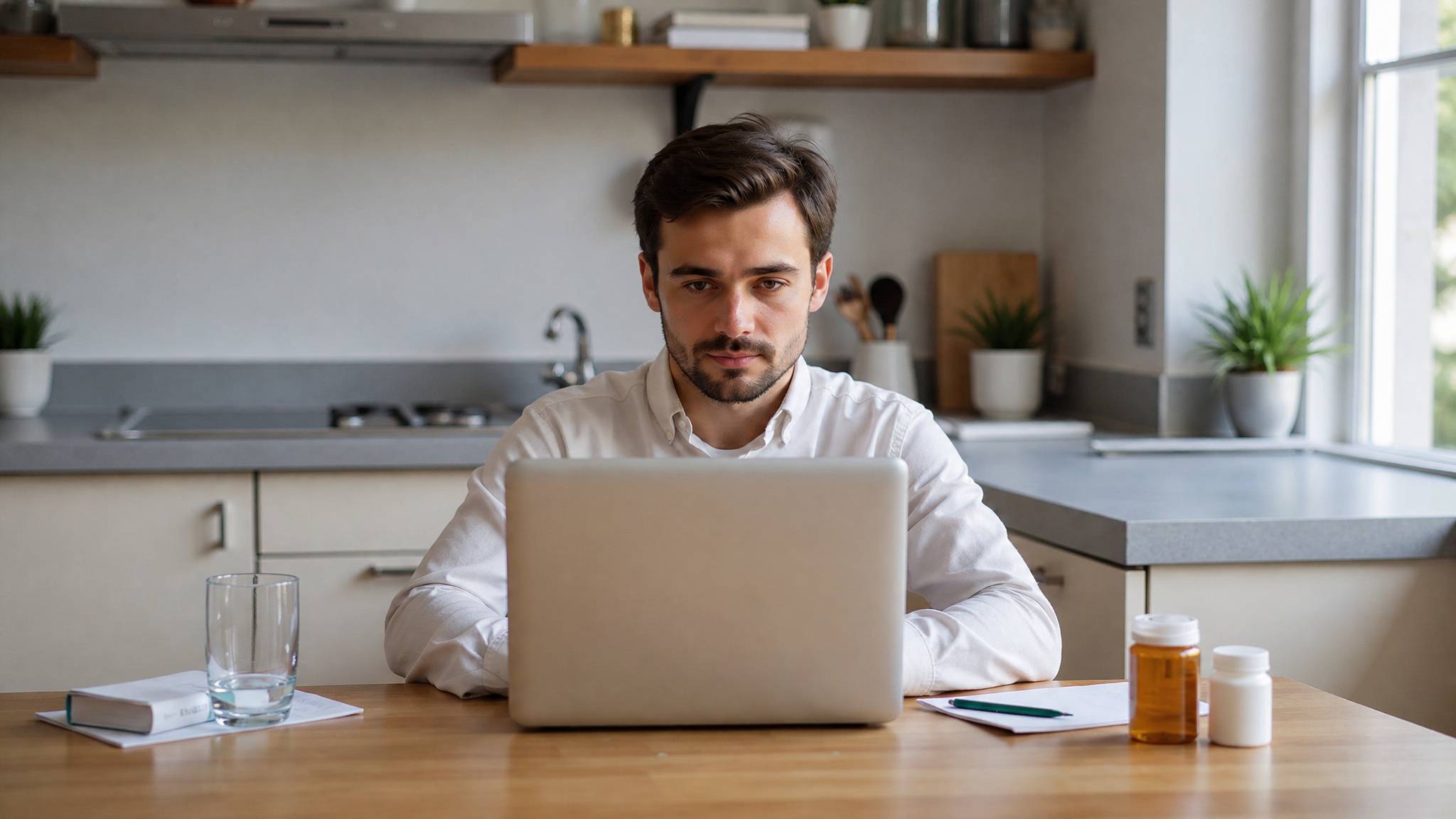 Man using a laptop at a kitchen table with medication bottles and a glass of water nearby.