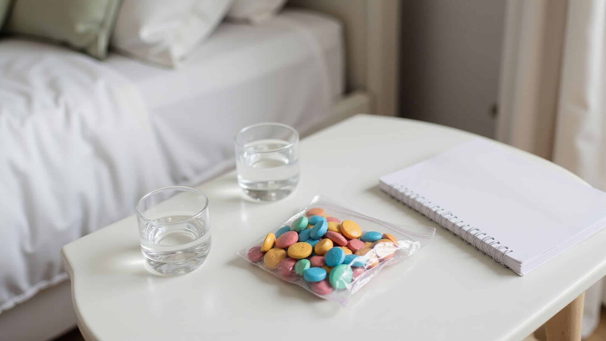 Bag of colorful tablets beside two glasses of water and a notebook on a bedside table.