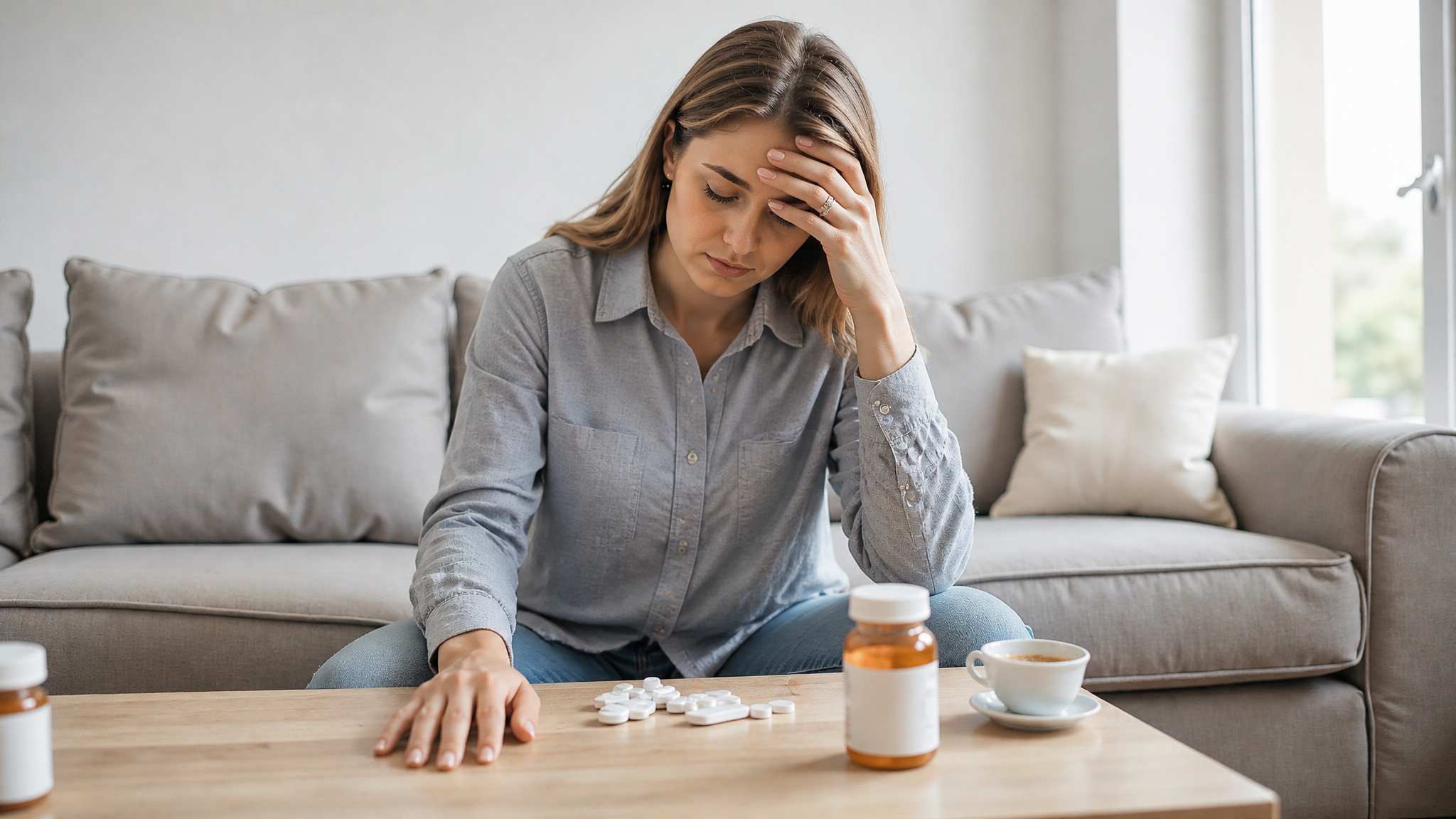 Tired woman holding her forehead while sitting on a sofa with scattered pills and a medication bottle nearby.