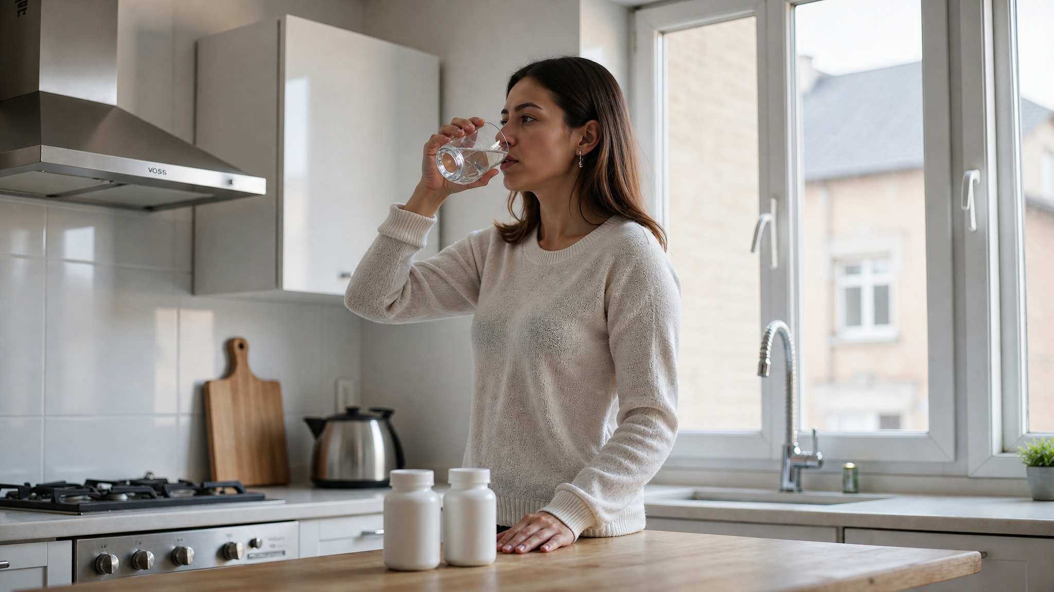 Woman drinking water in a kitchen with two medication bottles on the counter.