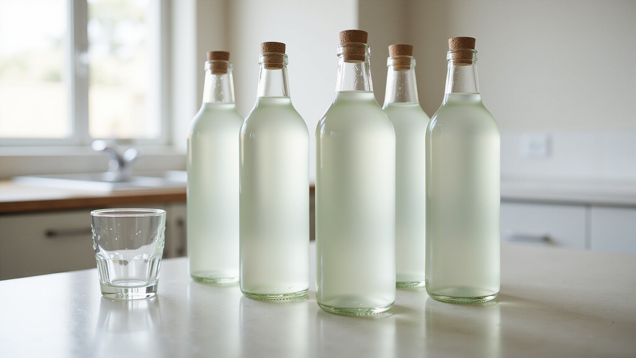 Five clear glass bottles with cork stoppers filled with pale liquid beside an empty drinking glass on a kitchen counter.