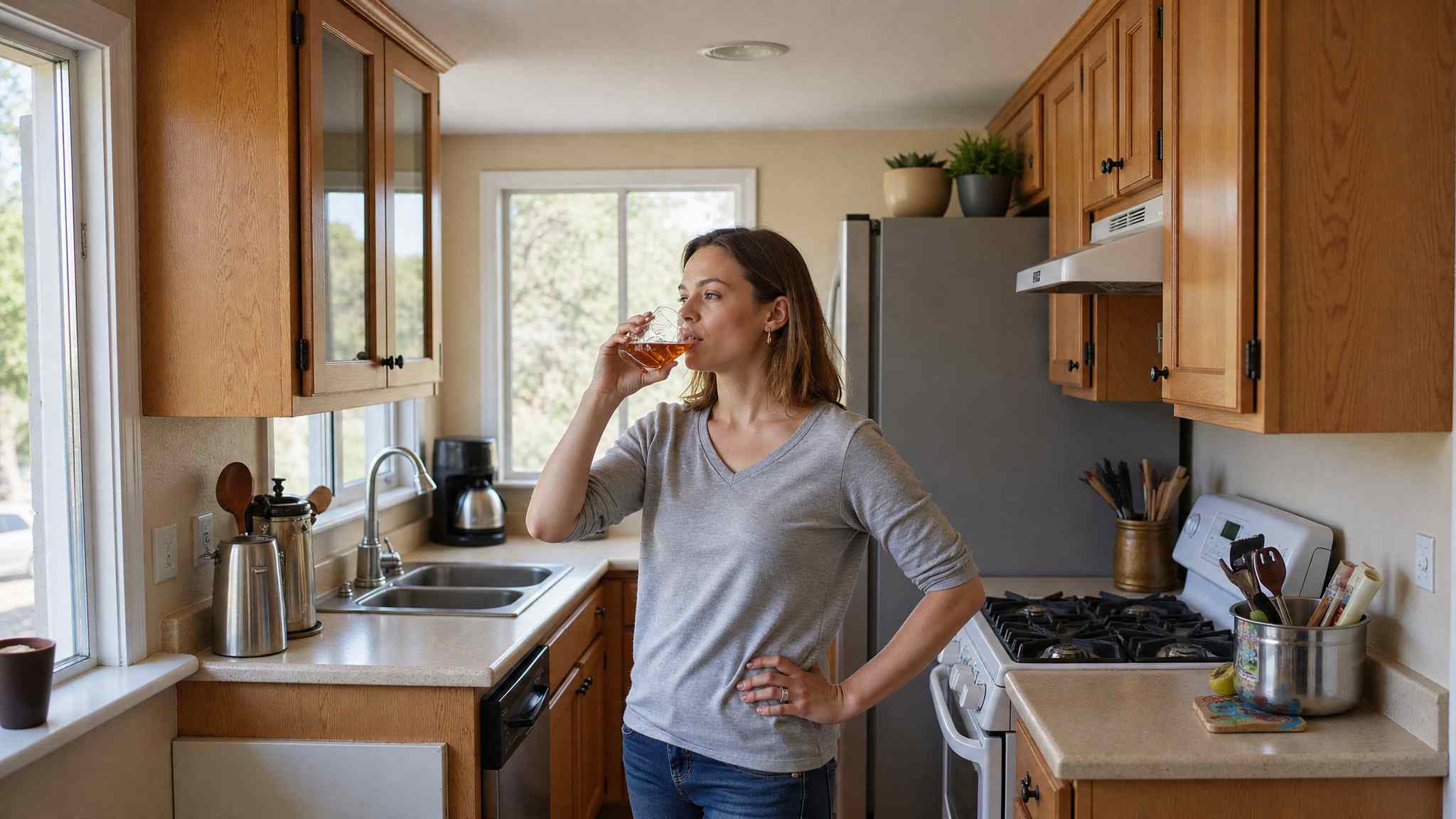 Woman drinking alcohol from a glass while standing alone in her kitchen at home.