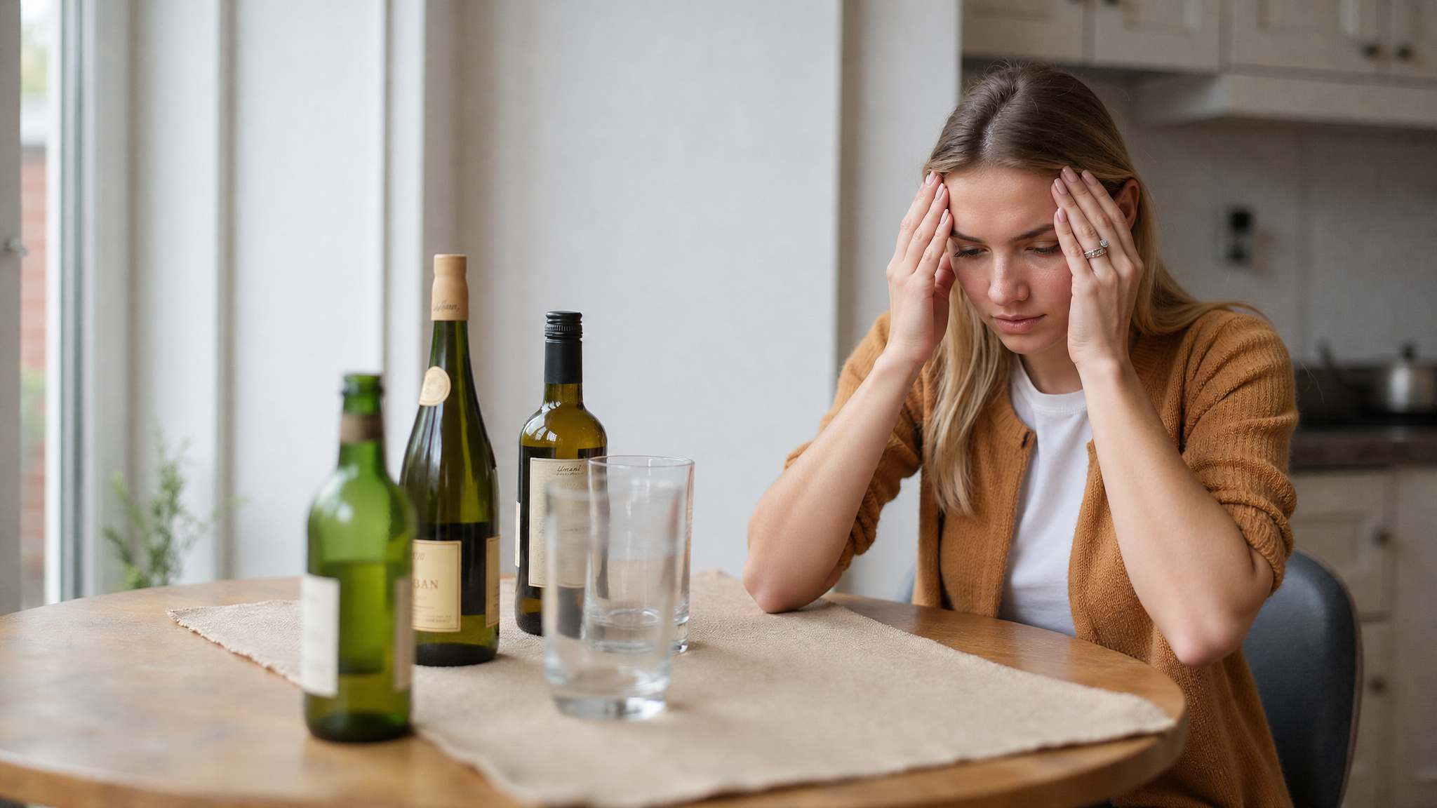 Woman holding her head while sitting at a kitchen table with several alcohol bottles and empty glasses.