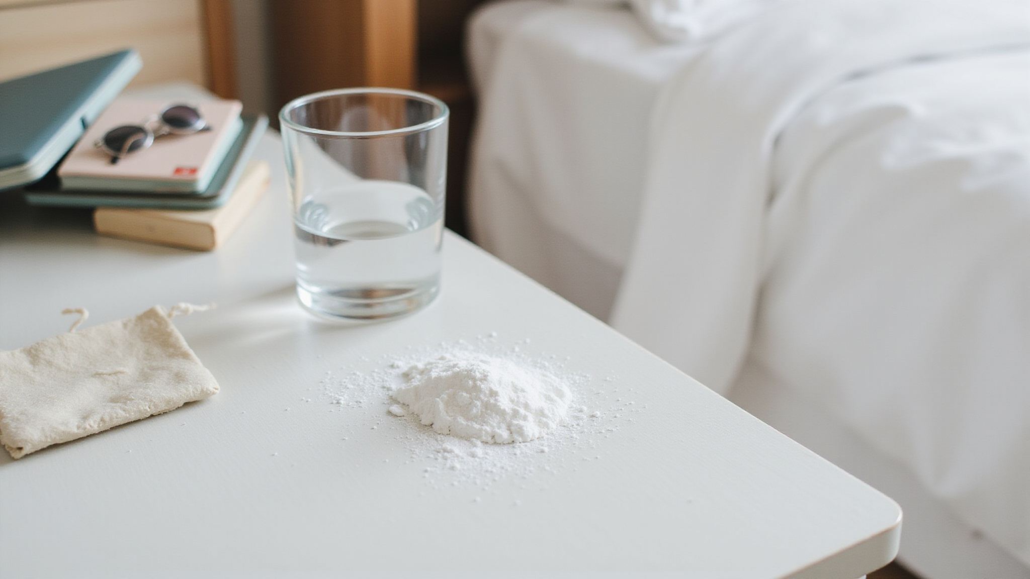 Cocaine powder on a cluttered bedside table next to a glass of water.