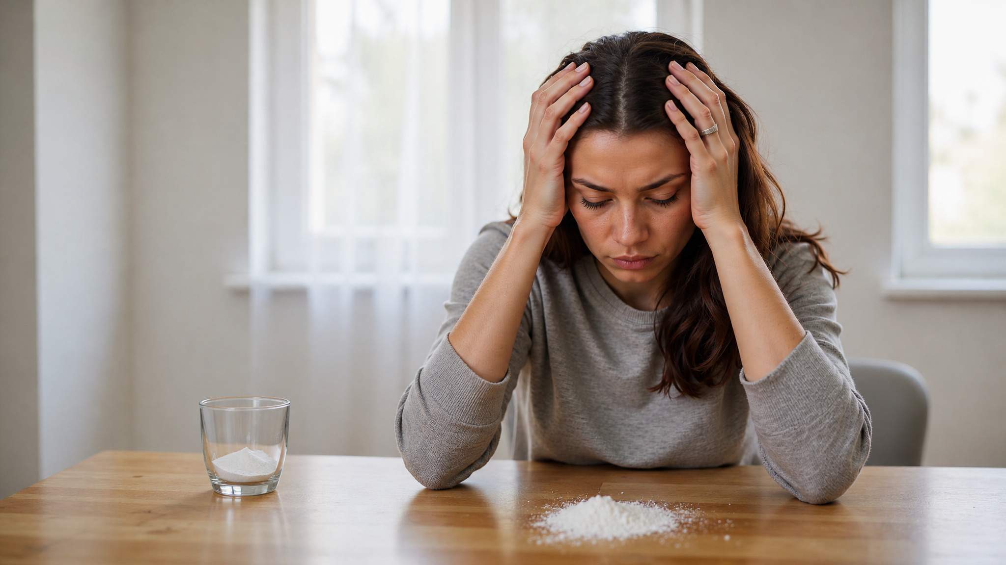 Distressed woman holding her forehead at a kitchen table with cocaine powder and a drinking glass.