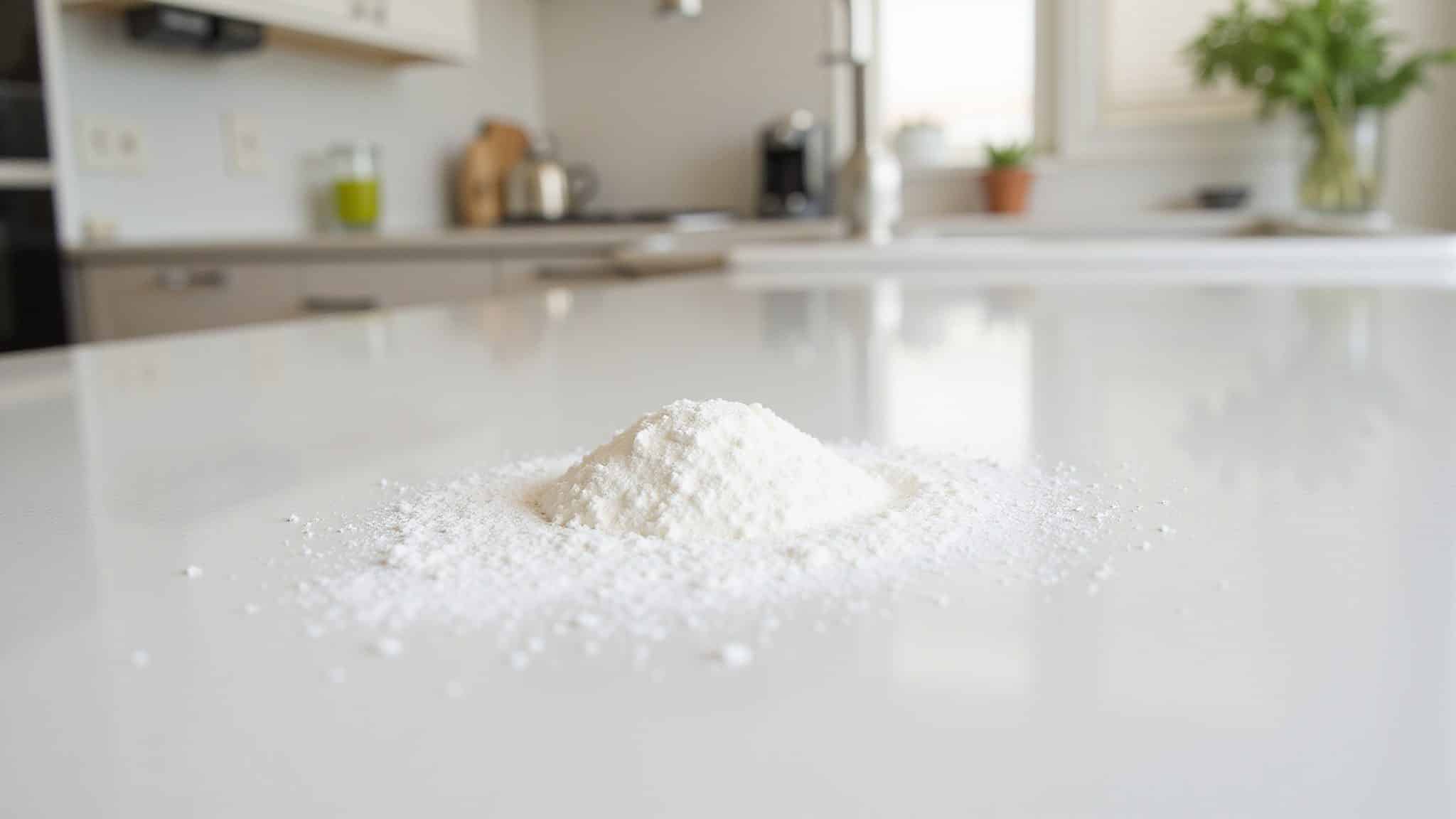 White cocaine powder spread across a kitchen countertop.