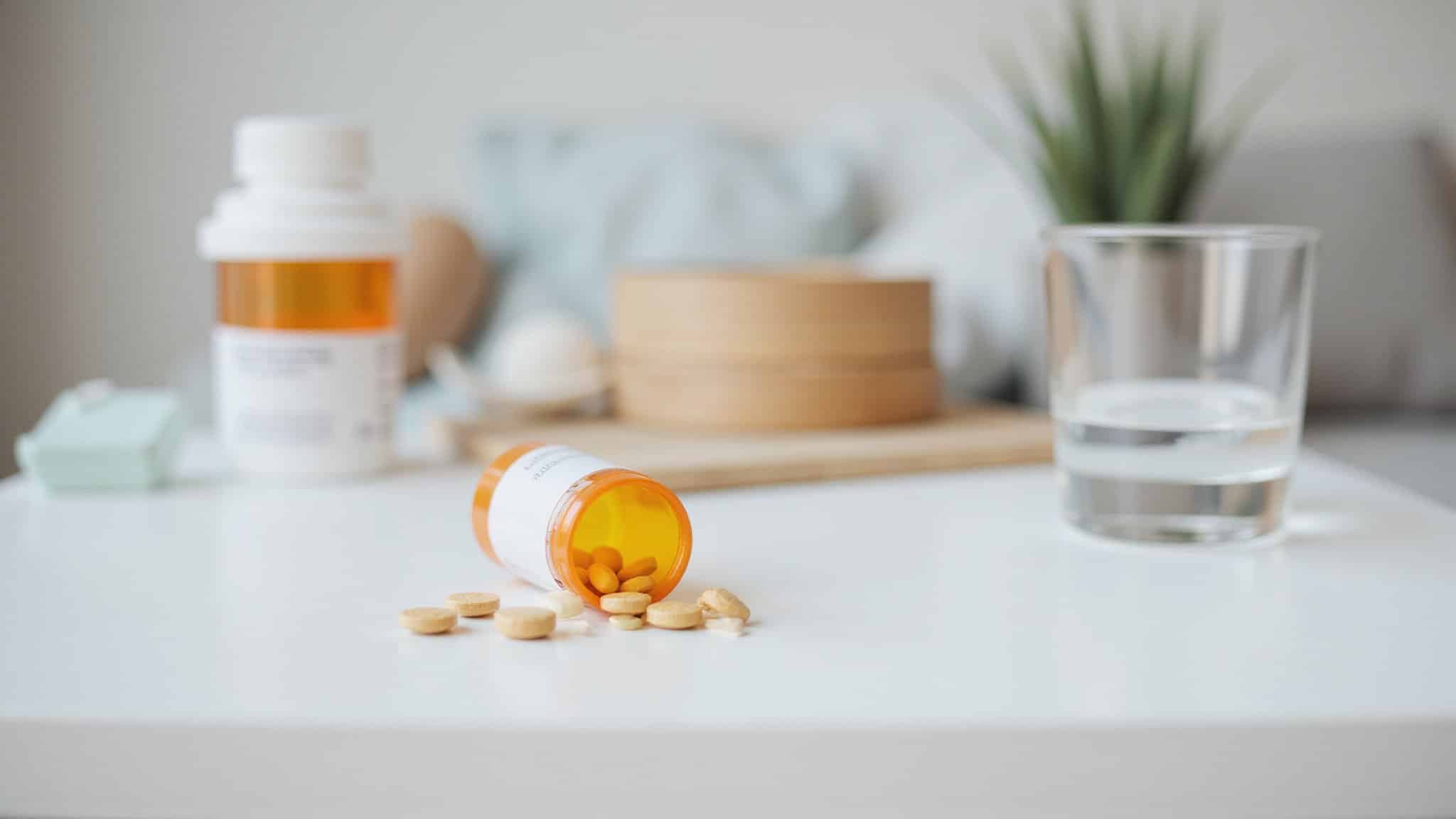Pill bottle with scattered pills and a glass of water on a cluttered living room table.