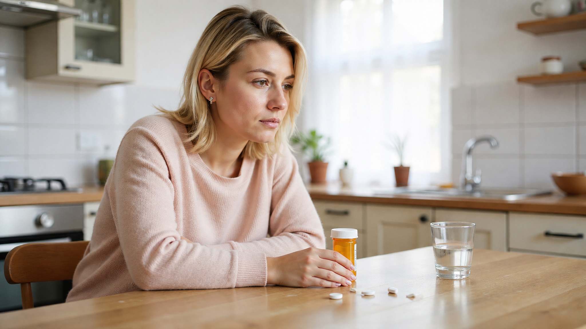 Woman holding a pill bottle in a kitchen with scattered pills and a glass of water nearby.
