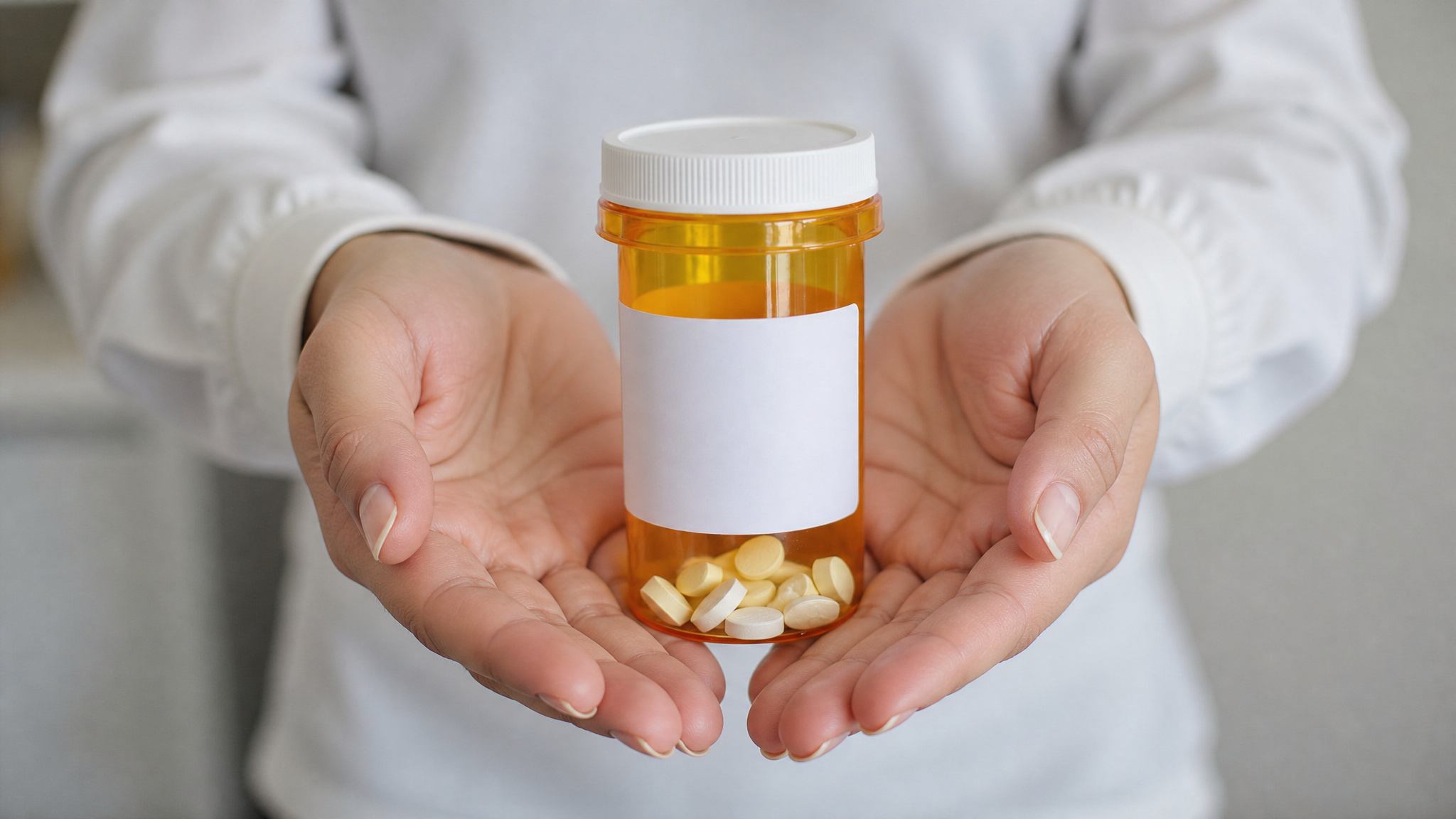Person holding a pill bottle while standing in a living room.