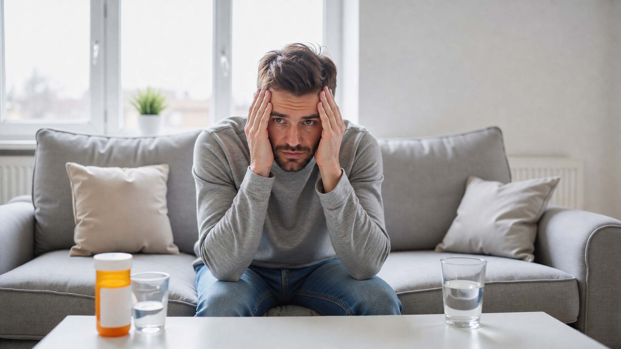 Stressed man holding his head while looking at a pill bottle on the table beside a glass of water.