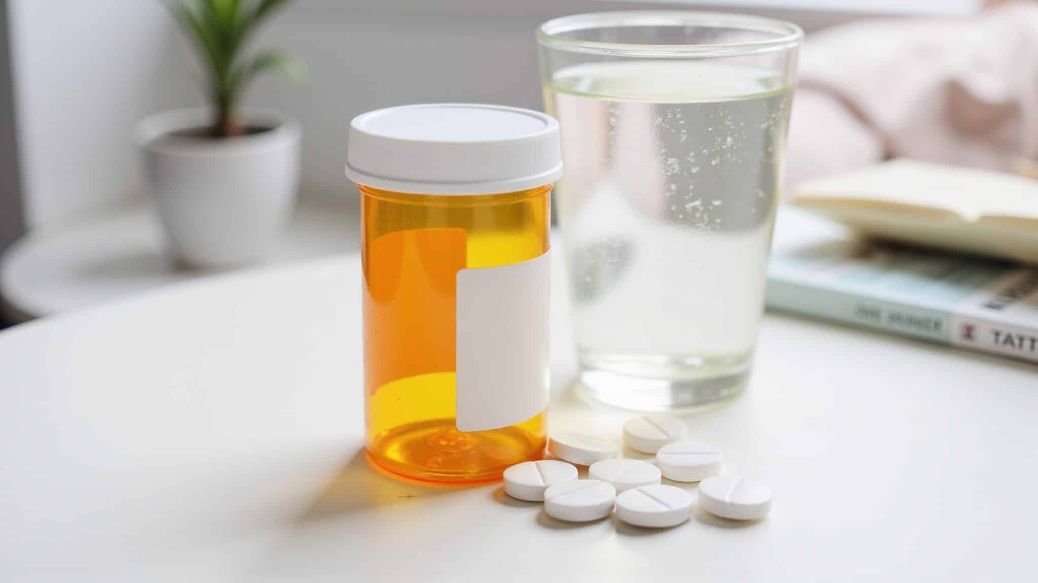 Pill bottle with scattered pills and a glass of water on a cluttered living room table.