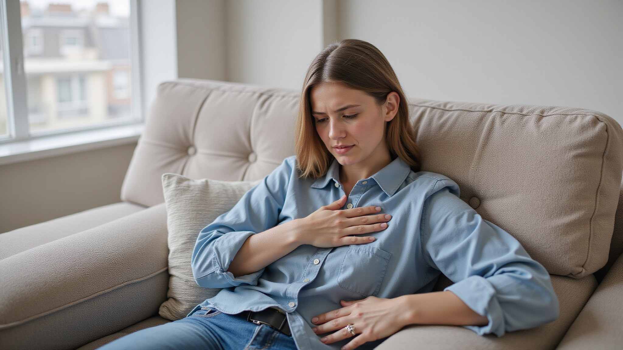 Tired person sitting on a sofa with one hand on their chest.