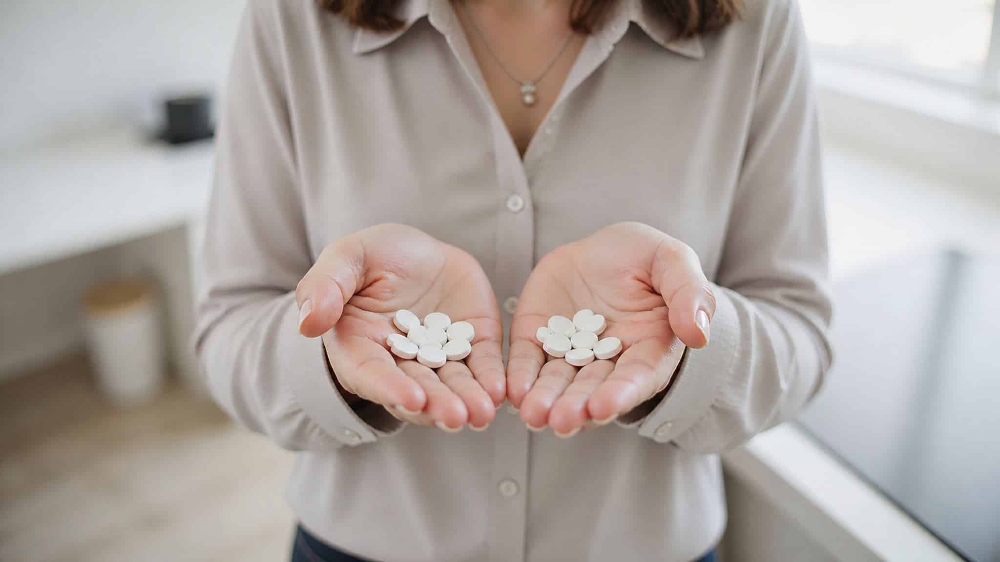 Woman standing in a living room holding several pills in her open hands.