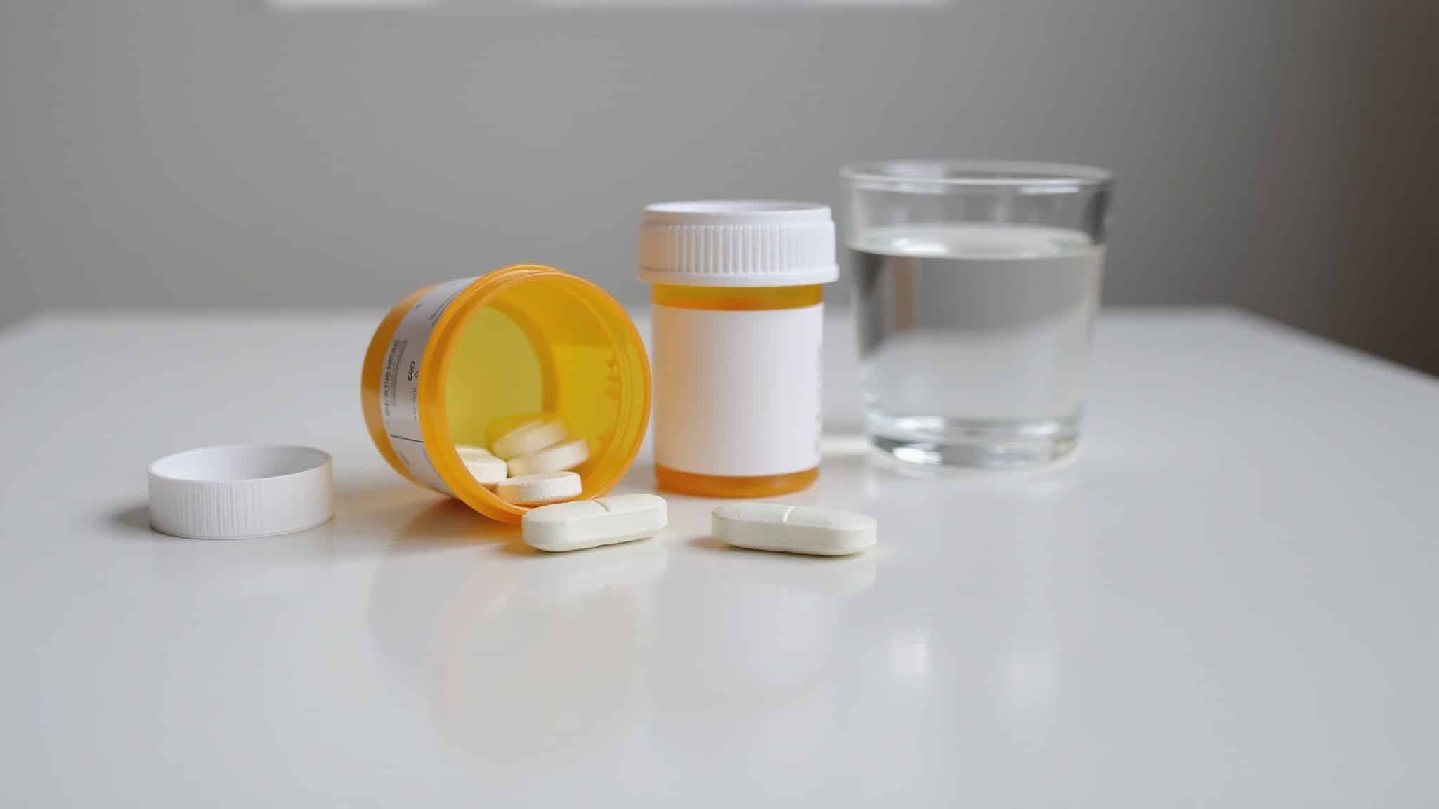 Scattered pills, medication bottles, and a glass of water on a bedside table.