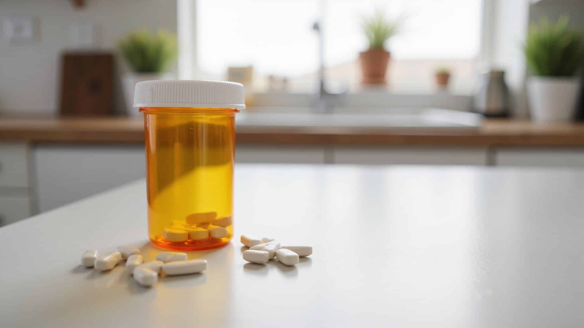 Pill bottle with scattered M365 pills on a kitchen countertop.