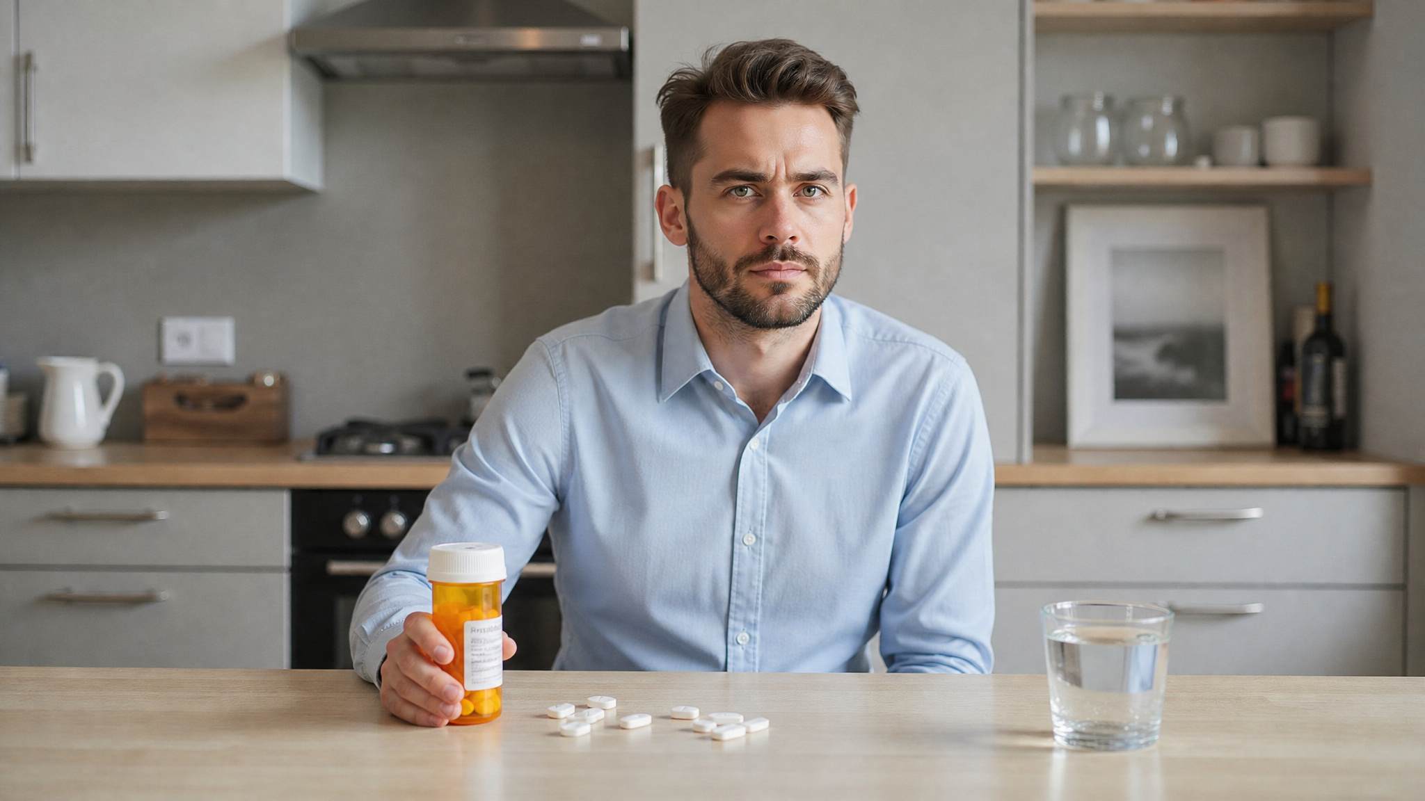 Man holding a pill bottle at a kitchen table with scattered pills and a glass of water.