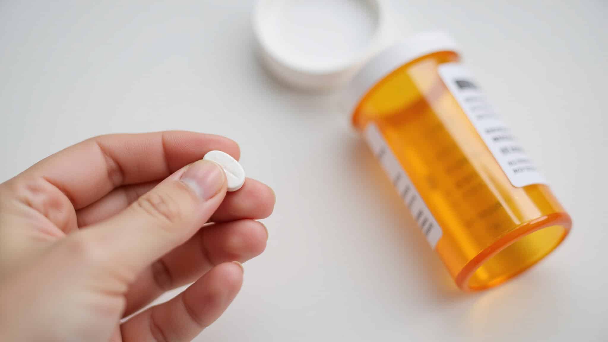 Person holding an M365 pill with a medication bottle blurred in the background.