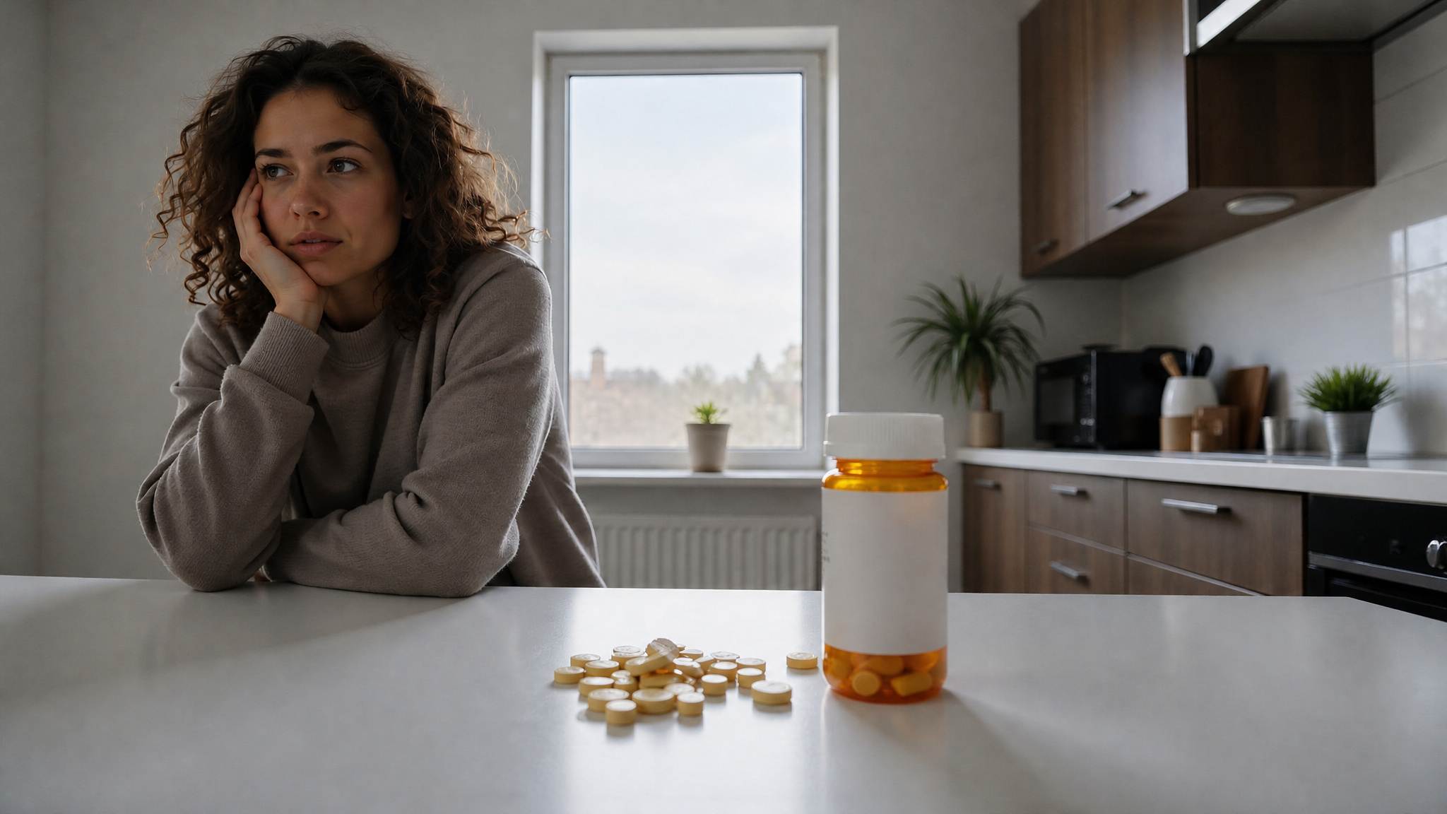 Tired woman sitting in a kitchen with a pill bottle and scattered pills beside her.