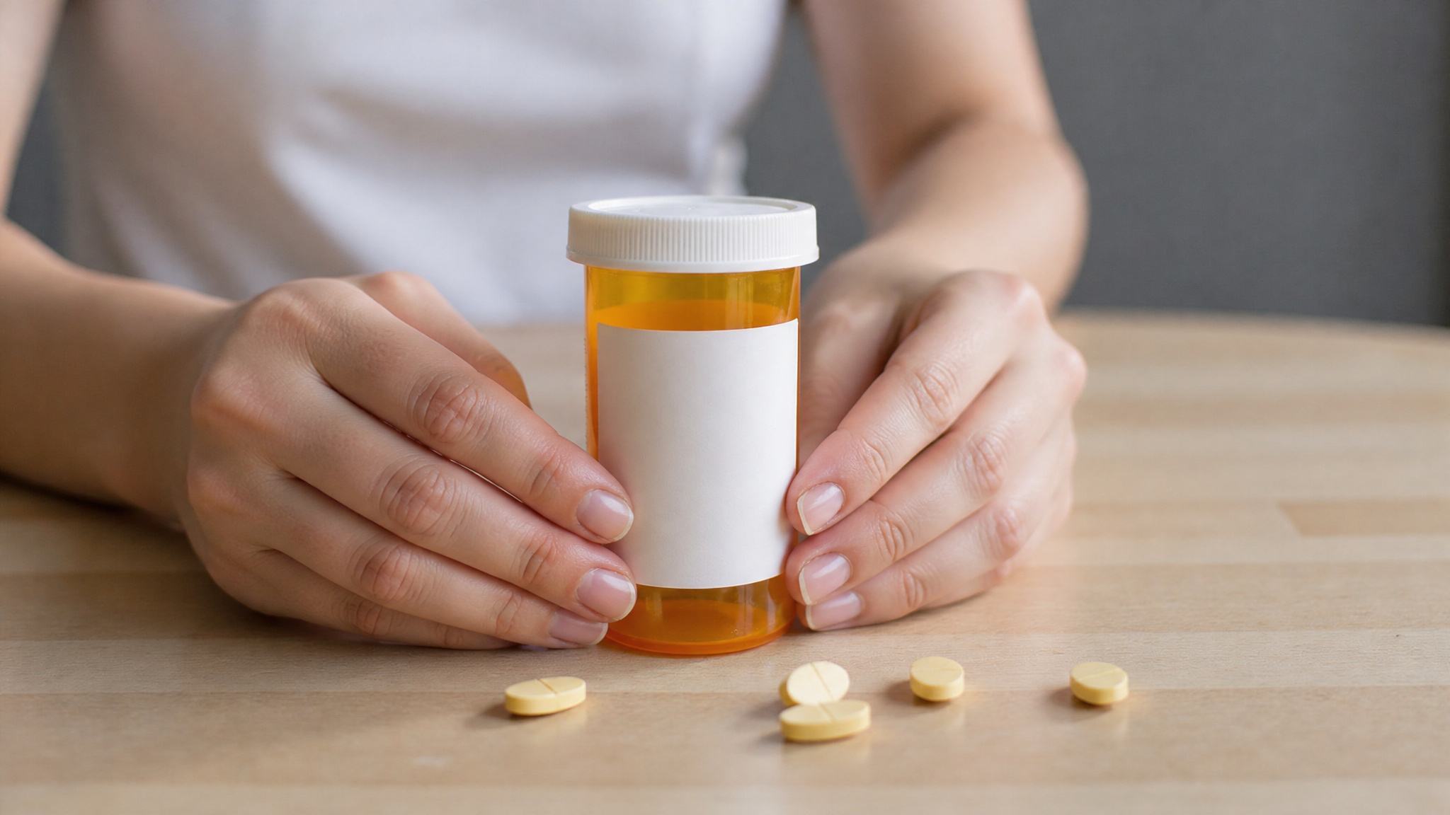 Person holding a medication bottle near scattered pills on a living room table.